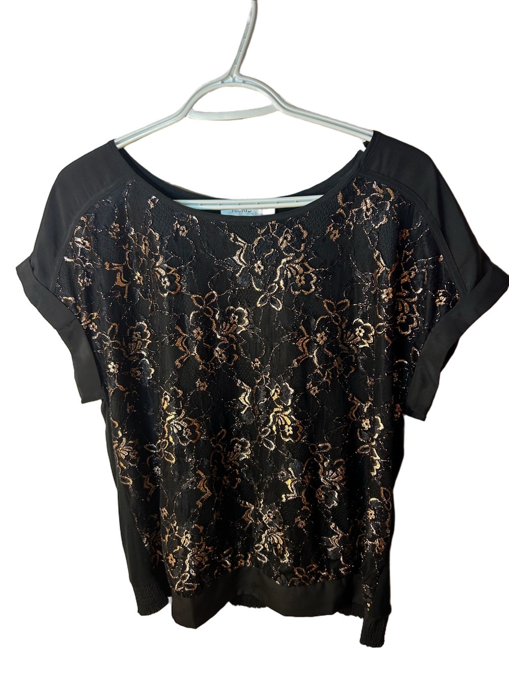Ricki’s Black Top with Metallic Gold Floral Lace size large whimsygoth
